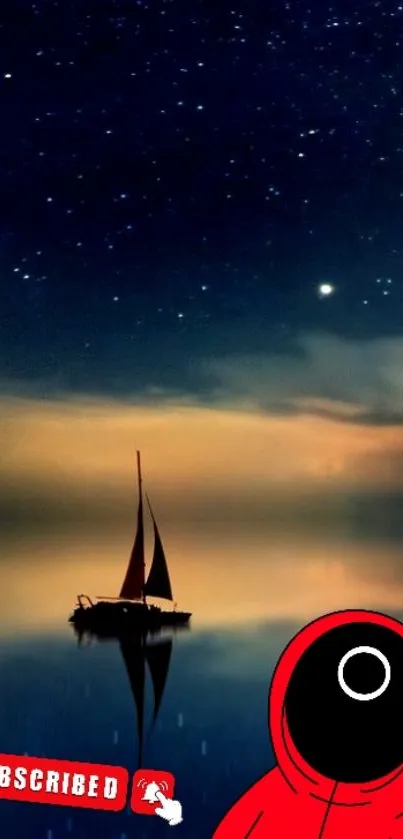 A silhouetted sailboat on calm waters under a starry night sky.