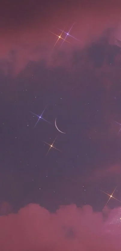 Night sky wallpaper with crescent moon and stars in purple hues.