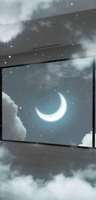 Dreamy night sky wallpaper with crescent moon and clouds.