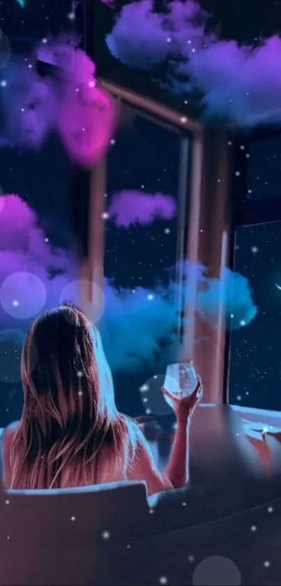 Dreamy sky with woman and stars in cosmic bath scene.