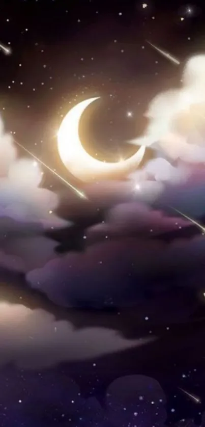 Whimsical night sky wallpaper with crescent moon and dreamy clouds.