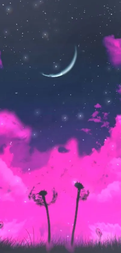 Dreamy night sky with crescent moon and magenta clouds.