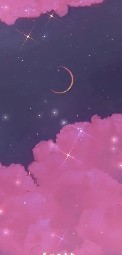 Dreamy night sky wallpaper with pink clouds and crescent moon.