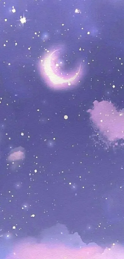 Dreamy night sky wallpaper with purple clouds and a crescent moon.