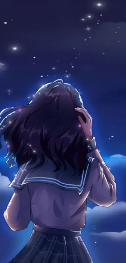 Girl gazes at a starry, dreamy night sky.