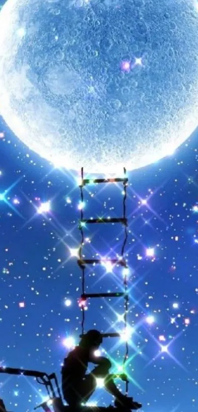 Illustration of a person climbing a ladder toward a luminous full moon in a starry sky.