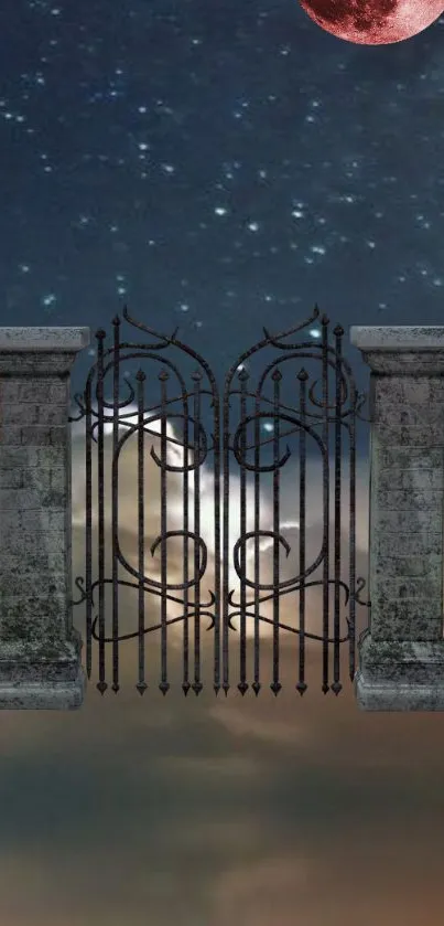 Dreamy night sky wallpaper with gate and red moon.