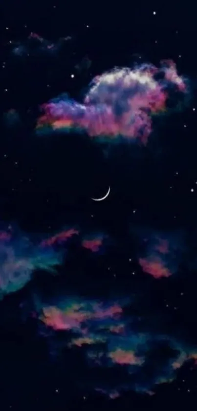 Dreamy night sky with crescent moon and colorful clouds.