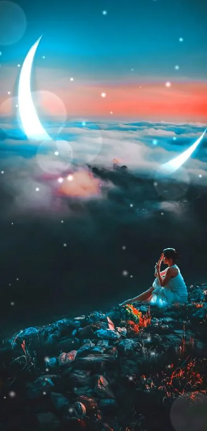 Serene woman on mountain with crescent moon.