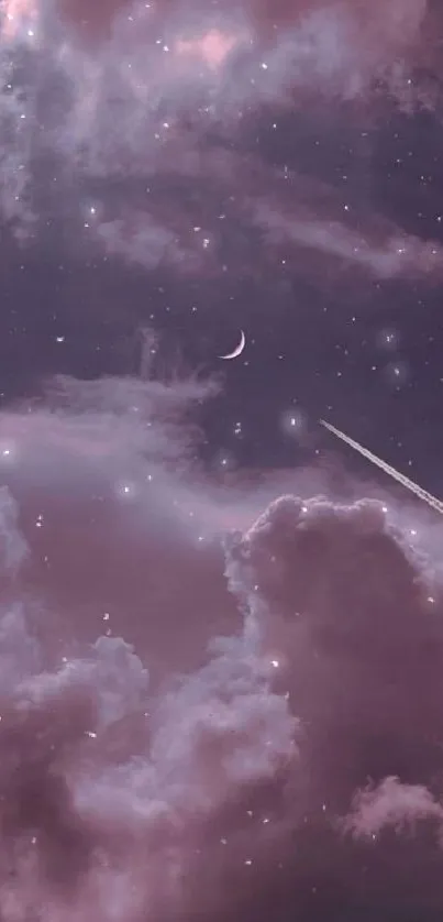 Dreamy night sky with clouds, stars, and a crescent moon in mauve tones.