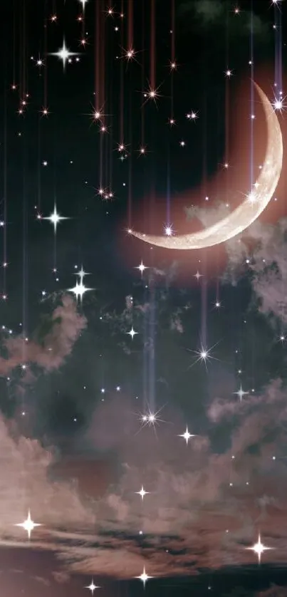 Wallpaper of a crescent moon and stars in a dreamy night sky.