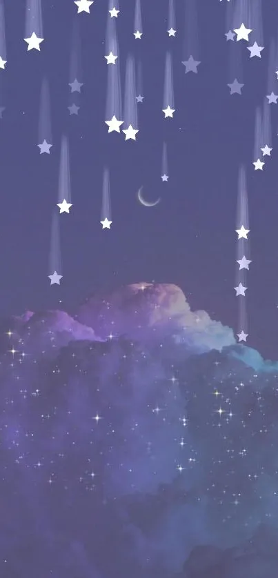 Dreamy night sky with crescent moon and stars.