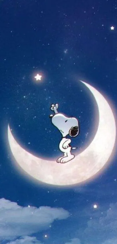 Cartoon dog on crescent moon in a starry night sky.