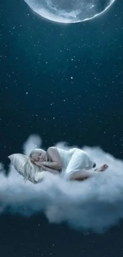 Dreamy scene with figure asleep on cloud under moonlit sky.