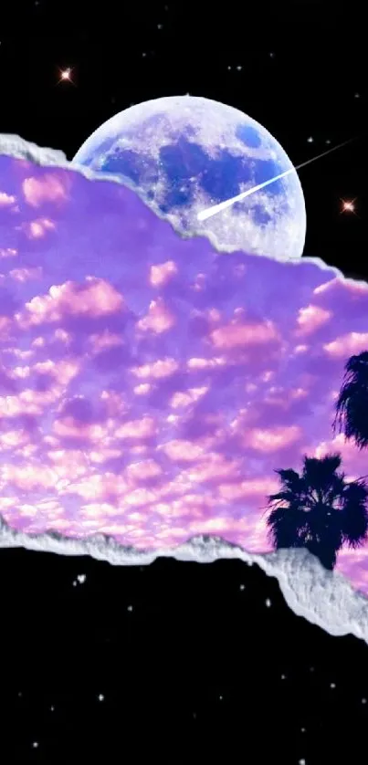 Purple night sky with clouds and a moon, framed by palm trees.