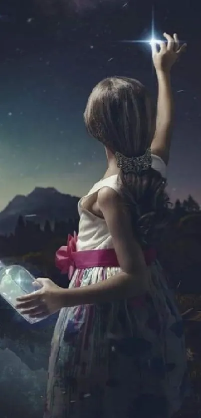 Girl reaching for a star in a dreamy night scene.