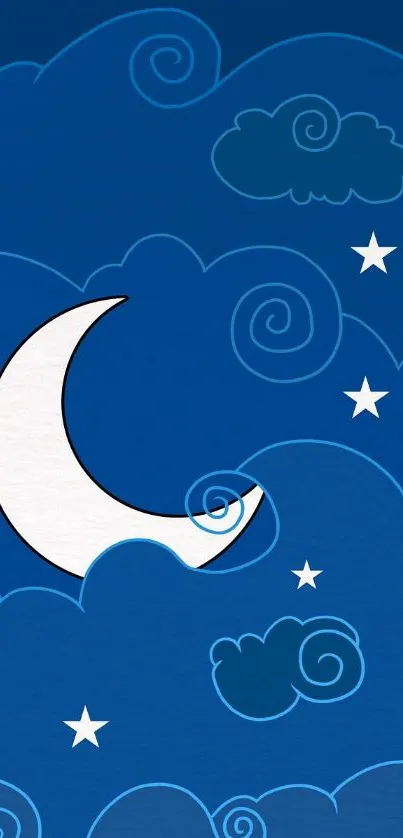 Wallpaper with crescent moon and stars in a blue cloudy sky.