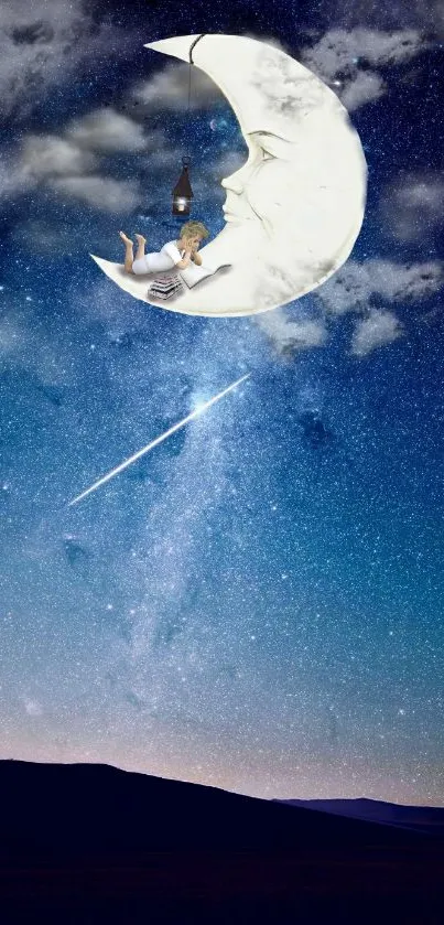 Whimsical night sky with moon and stars wallpaper, perfect for a celestial theme.