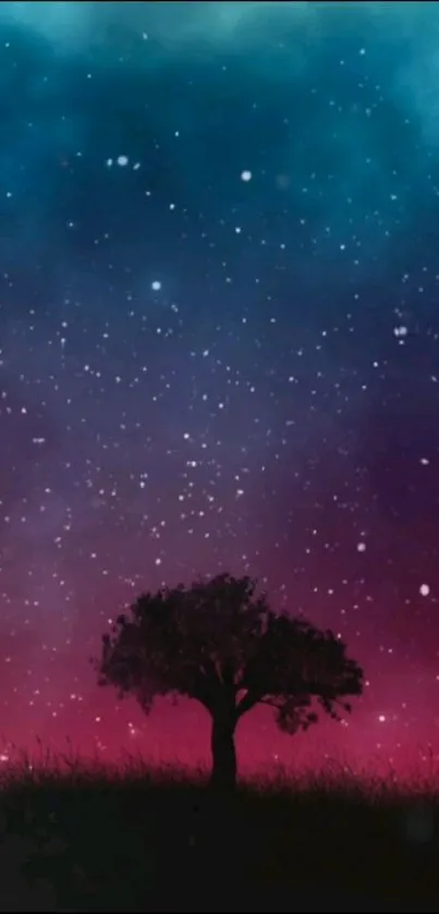 Silhouette tree under a starry purple-blue sky.