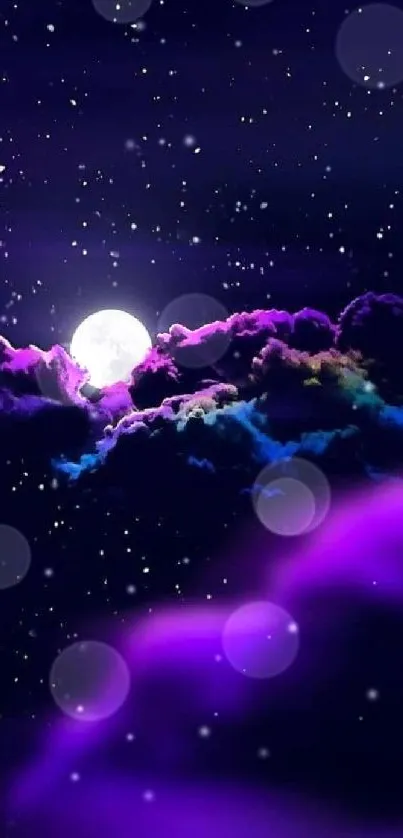 Dreamy night sky with purple clouds and glowing moon.