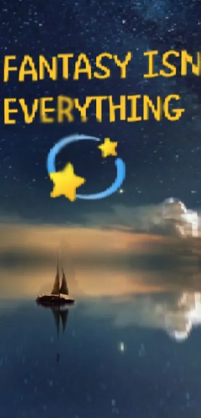 Fantasy themed night sky with ocean reflection and yellow text.