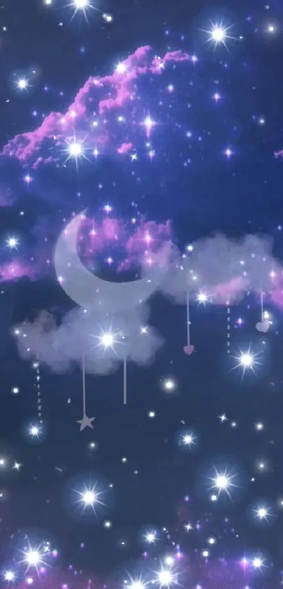 Dreamy night sky wallpaper with stars and crescent moon on a dark purple background.