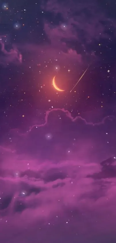 Mobile wallpaper with purple clouds and a crescent moon.