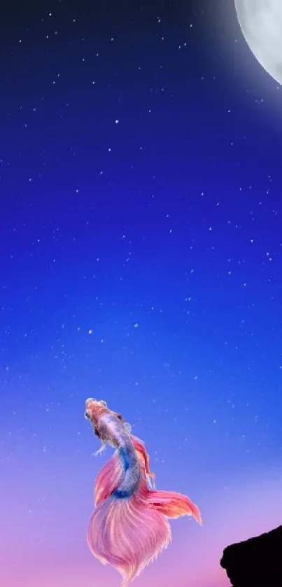 Vibrant night sky with fish and moon, creating a serene mobile wallpaper.