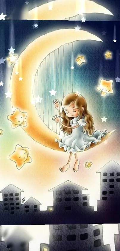 Illustration of girl on crescent moon over starry night cityscape.