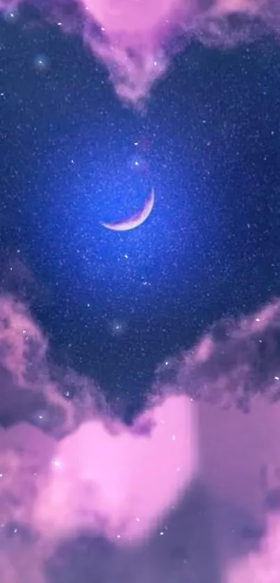 A purple heart-shaped cloud with stars and crescent moon.