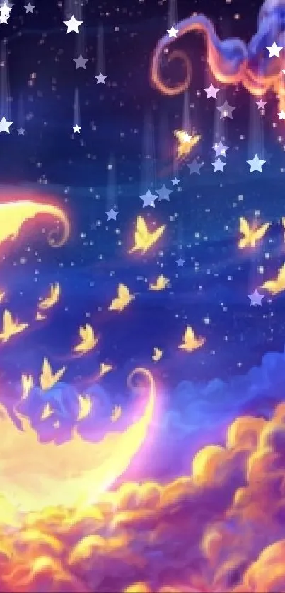Fantasy night sky wallpaper with glowing moon and clouds.