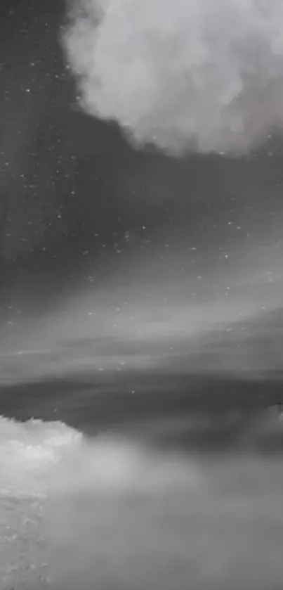 Dreamy night sky with clouds and stars in grayscale wallpaper.