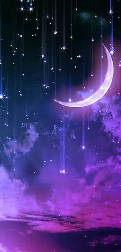 Purple night sky with crescent moon and stars wallpaper.