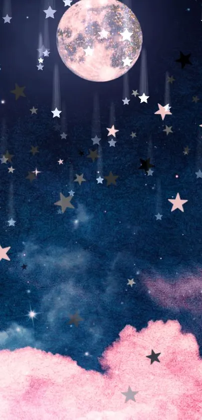 Dreamy night sky wallpaper with moon, stars, and pink clouds for mobile phones.