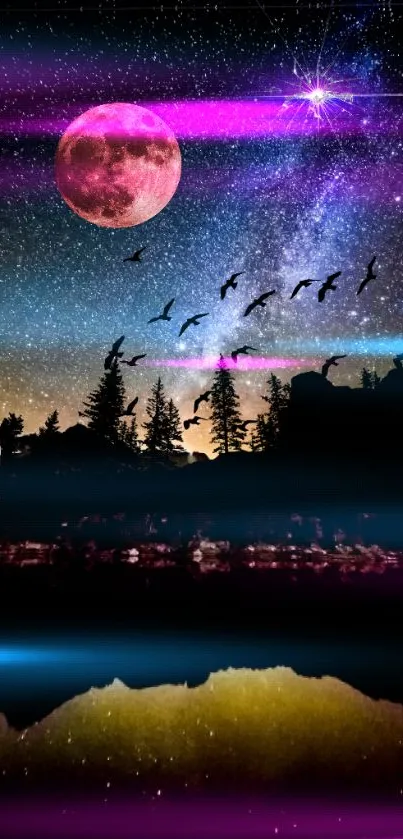 A pink moon over a starry night sky with silhouetted trees, perfect for phone wallpaper.