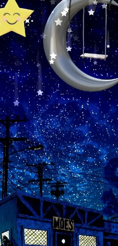 Dreamy night sky with crescent moon and stars.