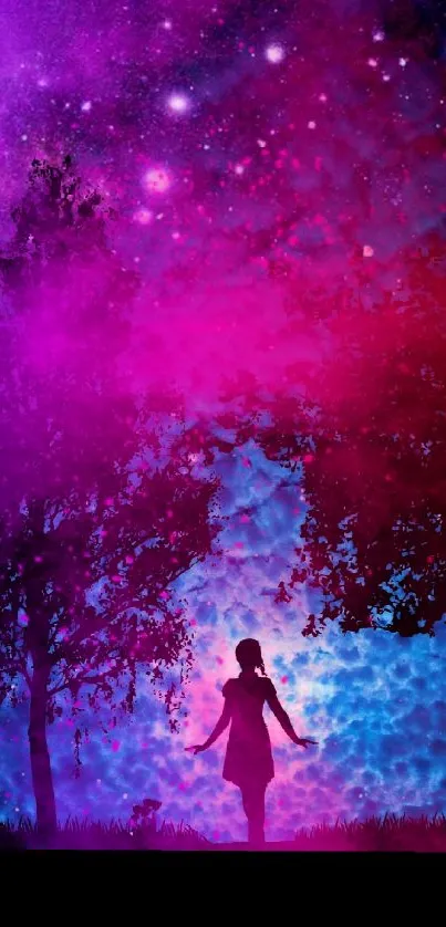 Silhouette under a vibrant purple and pink night sky wallpaper.