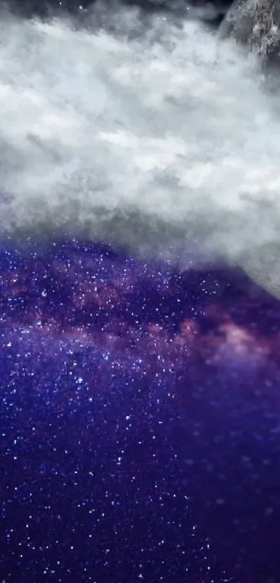 Dreamy night sky with galaxy, stars, and moon, in deep blue hues.