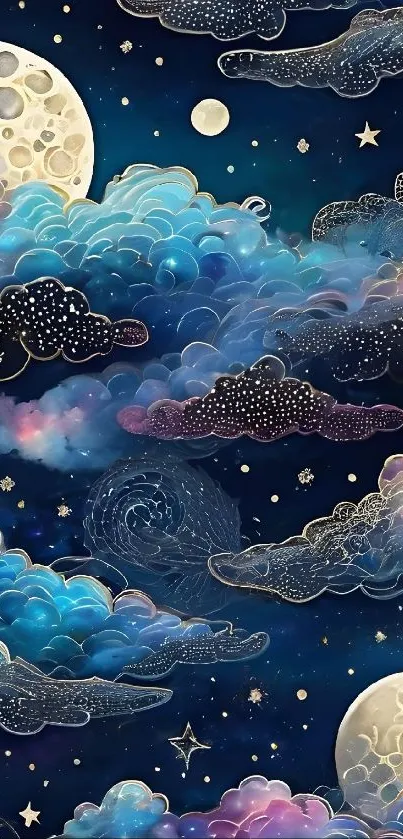 Mystical night sky with clouds and celestial stars.