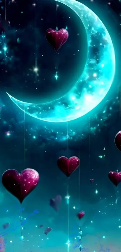 Cosmic hearts and crescent moon wallpaper with glowing stars.