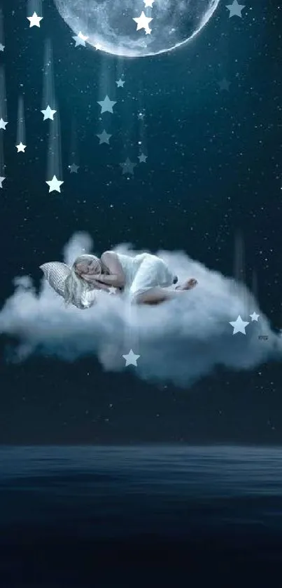 Person sleeps on cloud under moonlit sky.