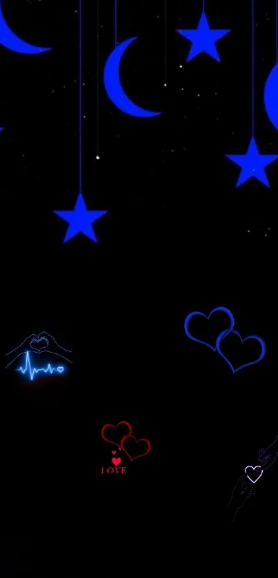 Dreamy night sky wallpaper with neon stars and heart designs.