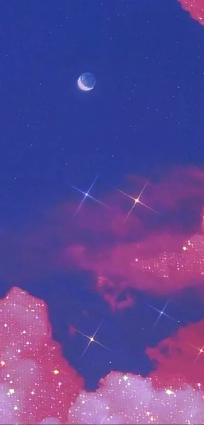 Starry night sky with moon and pink clouds.