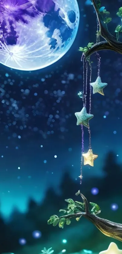 Dreamy night sky with hanging stars and luminous moon.