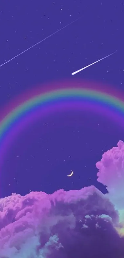 Night sky wallpaper with a rainbow and colorful clouds.