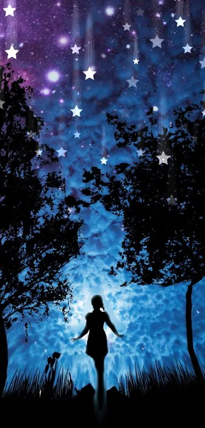 Silhouette under a colorful starry night sky with trees.