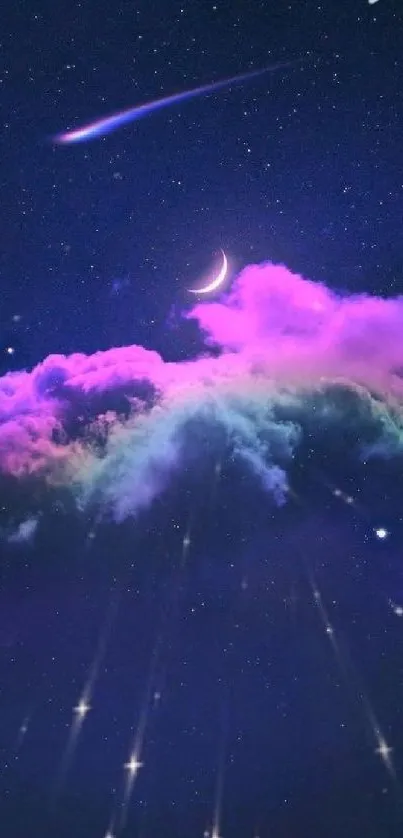 Dreamy night sky wallpaper with purple clouds and crescent moon.