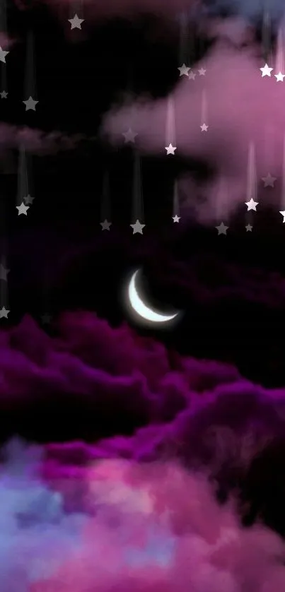 Crescent moon in a purple clouded night sky wallpaper.