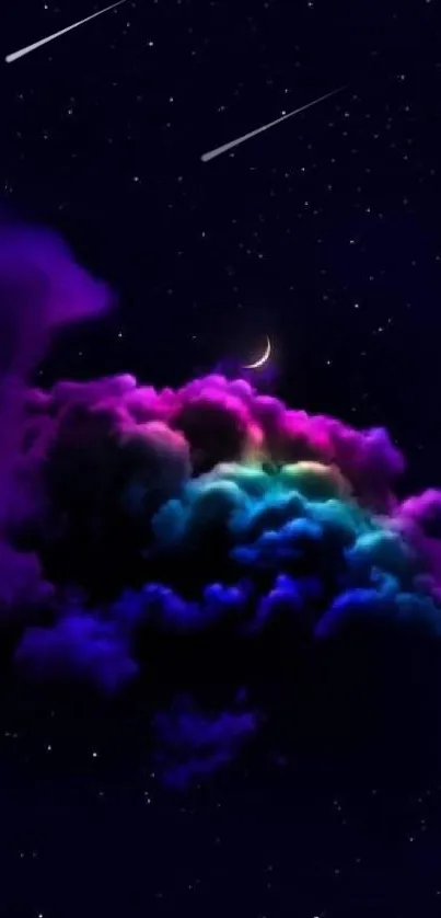 Dreamy night sky with vibrant nebula clouds and a crescent moon, perfect for mobile.