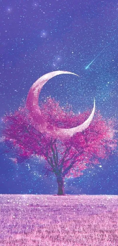 Crescent moon and pink tree under a starry night sky with a purple hue.